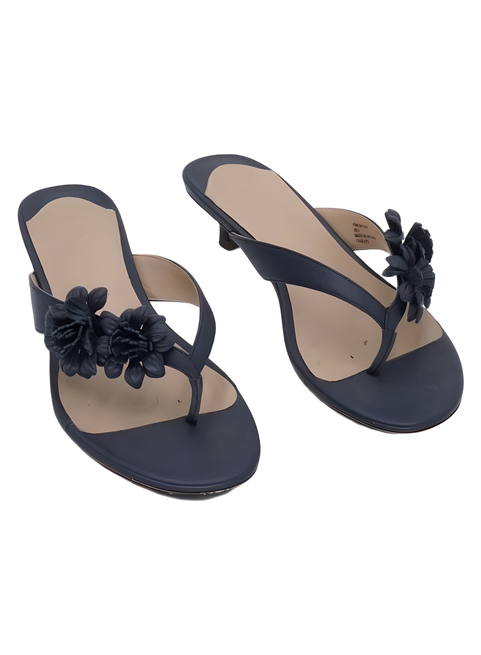 Lauren Ralph Lauren Francesca Flower Navy Leather Kitten Heel Sandals Size 5B